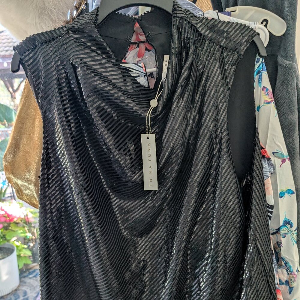 TRINA TURK Black Shiny Cowl Neck Sleeveless Blouse NWT  Sizze XXL